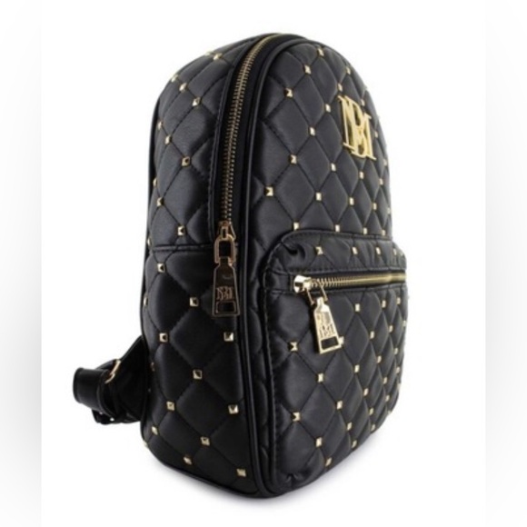 Badgley Mischka Black Quilted Backpack Gold Studded Hardware Adjustable Straps - Picture 2 of 14